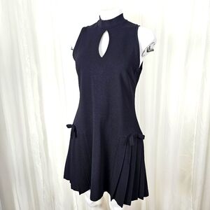 Vintage Miss V Pauline Black Sleeveless Dress Keyhole High Neck Pleated